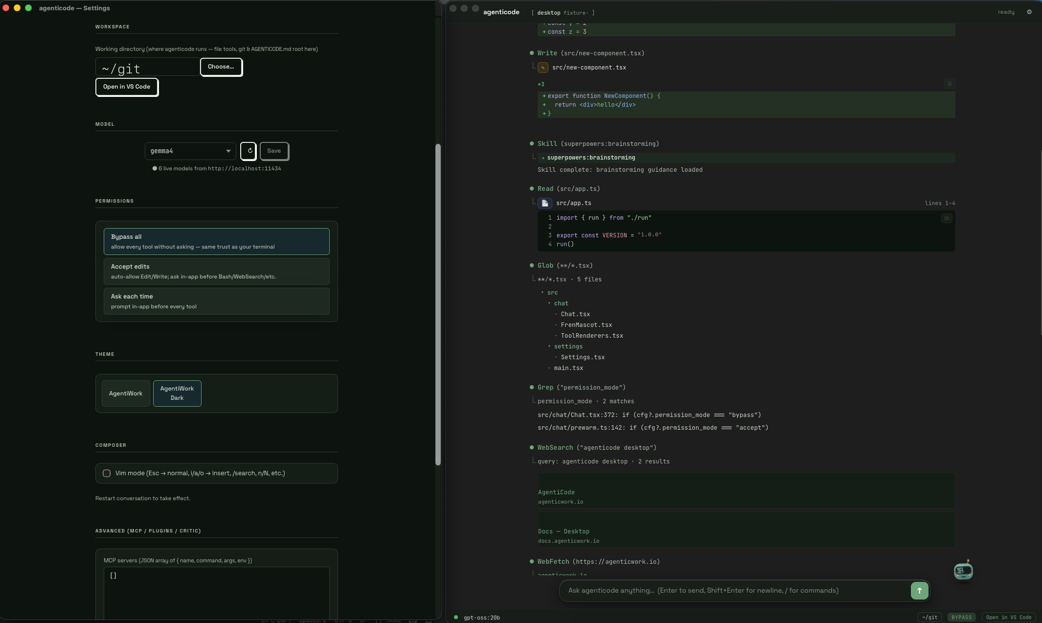 The native macOS Gnomus Code app — a left rail with the provider and model picker, per-turn permission modes (Bypass all, Accept edits, Ask each time) and theme, beside the agent doing real tool-driven coding work