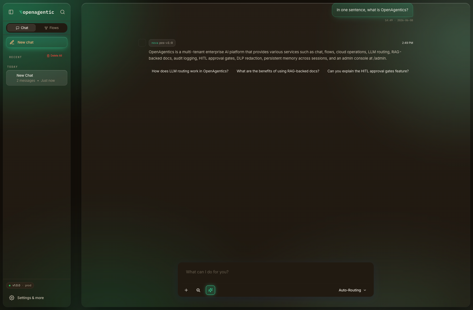 OpenAgentic chat answering via AWS Bedrock, running locally in Compose