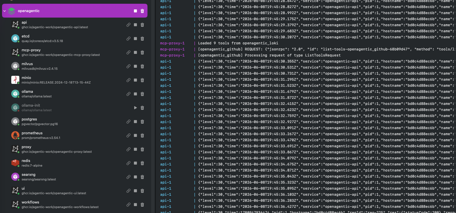 The OpenAgentic api container logs streaming during first-boot tool indexing