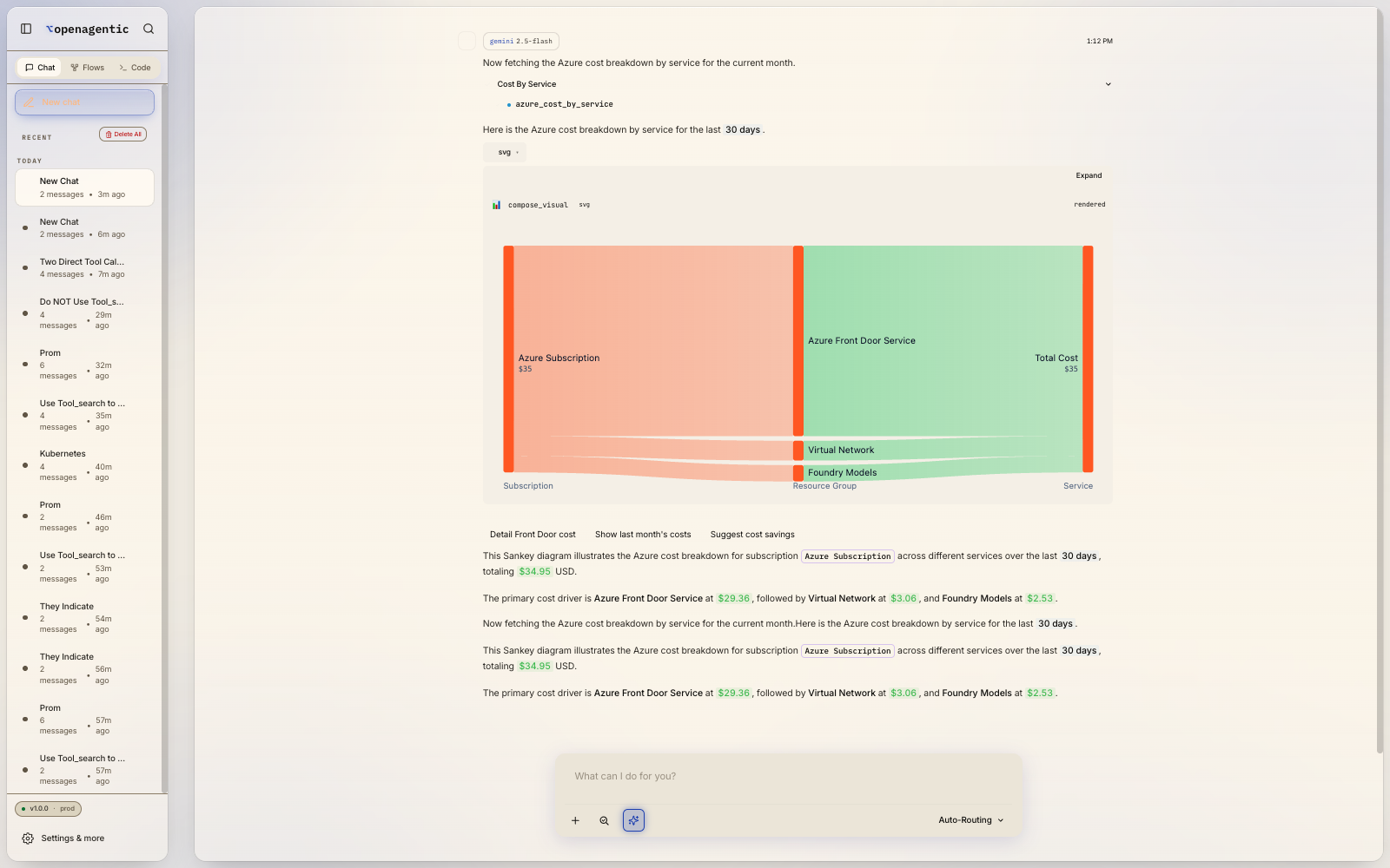 The agent calls the Azure cost tool as a service principal and renders a Sankey diagram of live subscription spend broken out by service