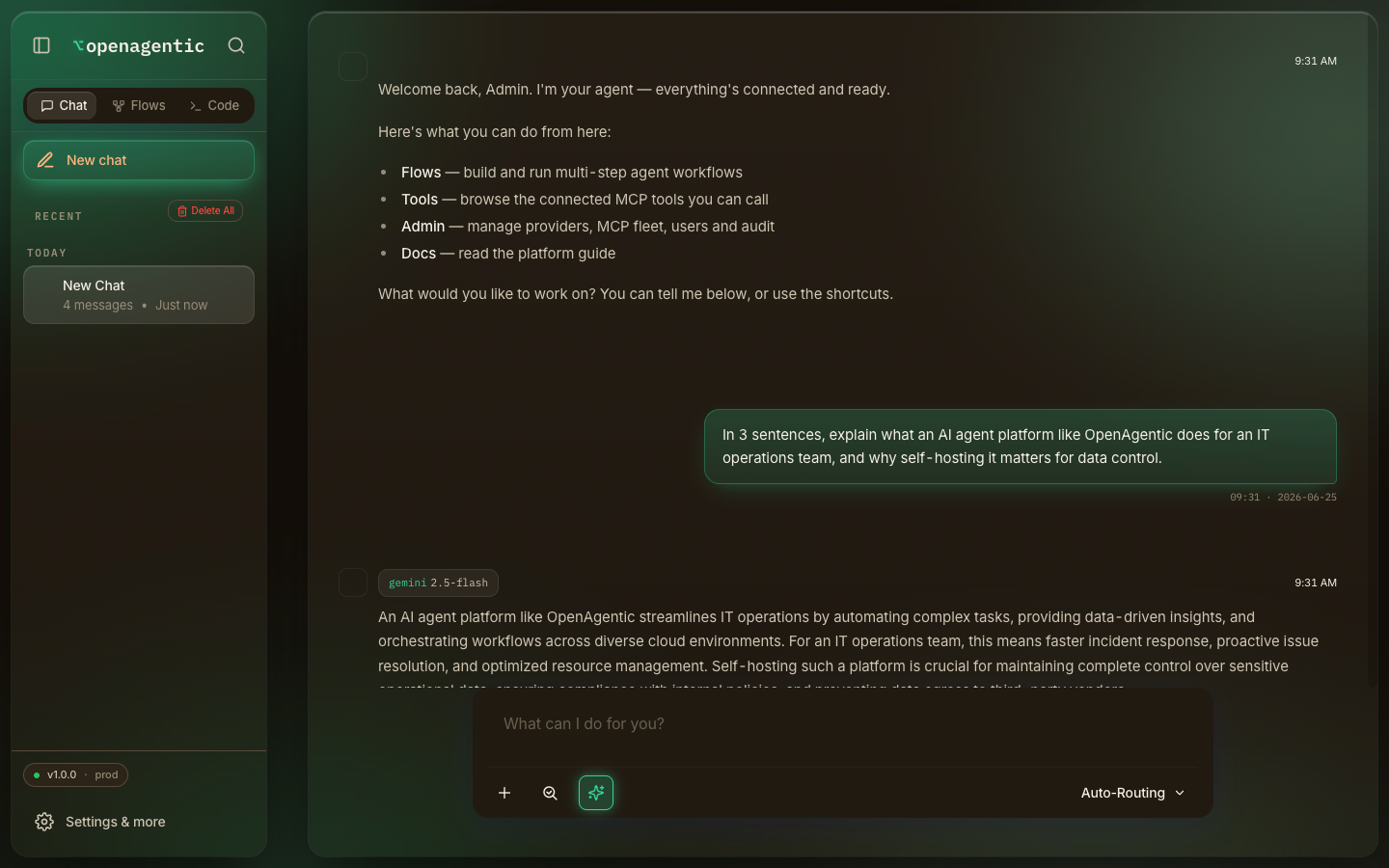 OpenAgentic ChatMode answering a question about the platform in plain language, routed to the configured chat model