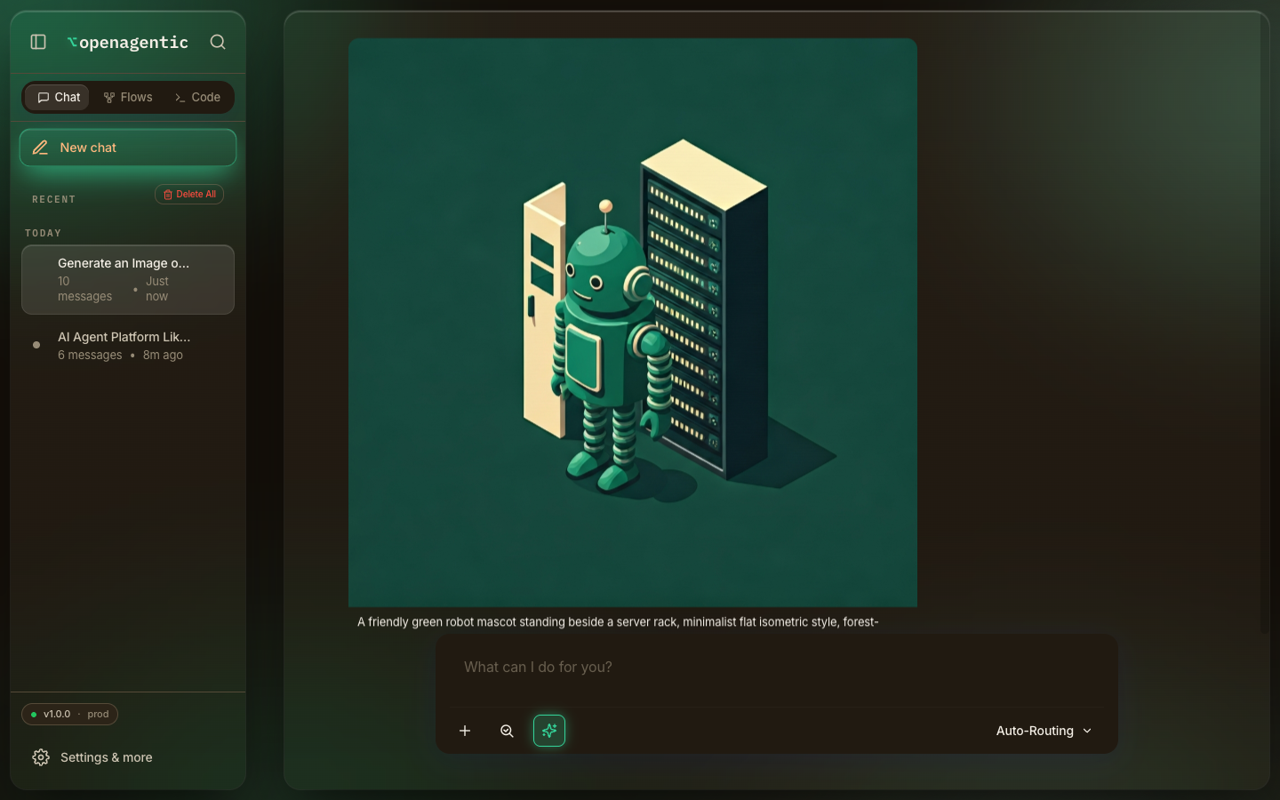 A generated illustration of a friendly green robot mascot beside a server rack, rendered inline in the chat