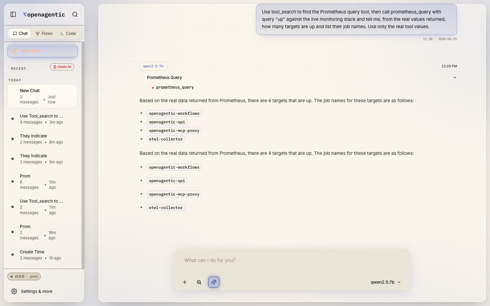 A fully local run on Ollama with a local Ollama model making native tool calls — no cloud provider in the loop