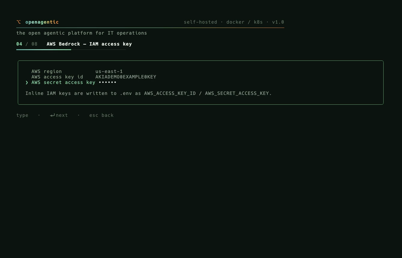 Install wizard: AWS Bedrock IAM credentials, secret masked