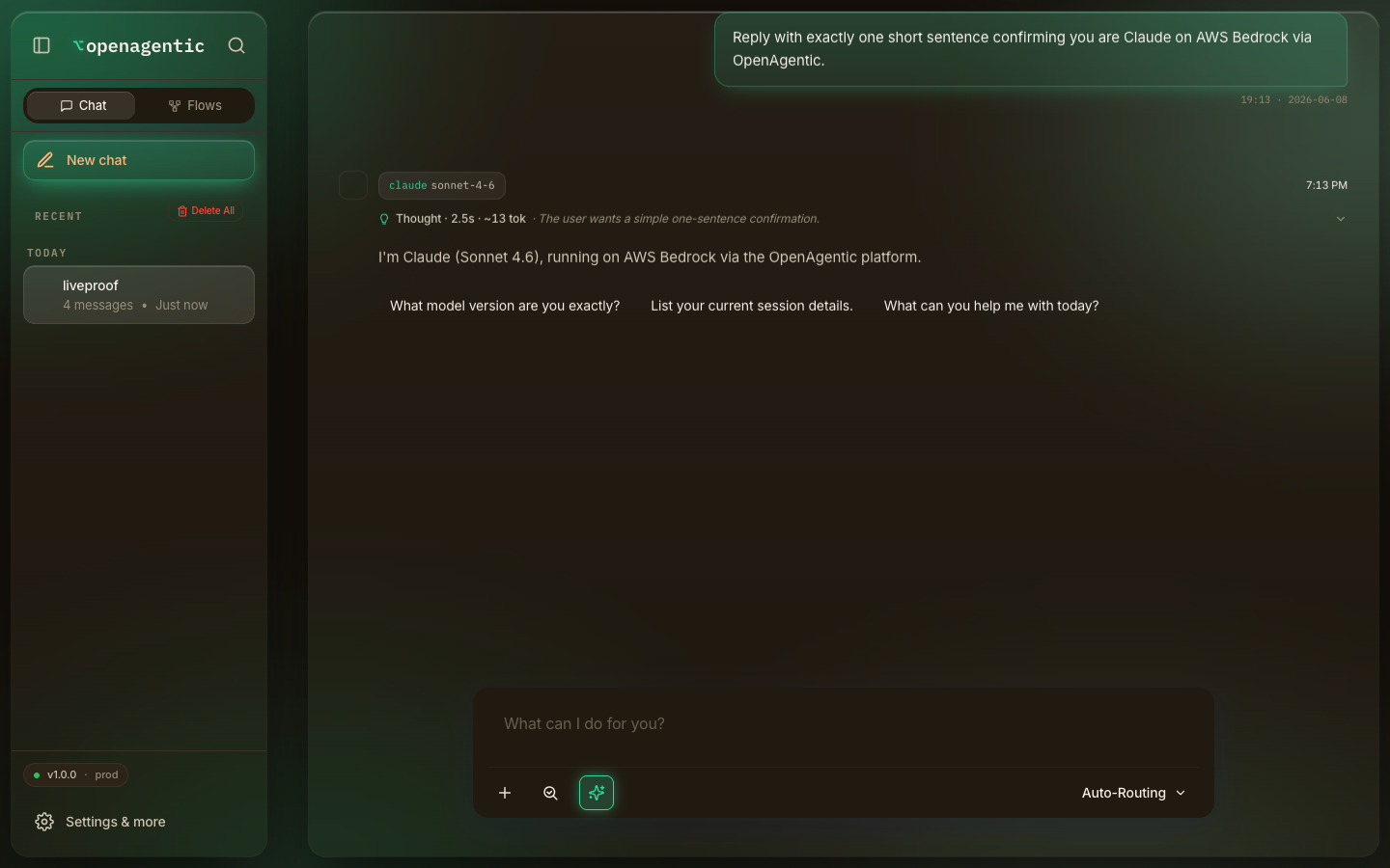OpenAgentic chat answering on AWS Bedrock Claude Sonnet 4.6 with an extended-thinking block
