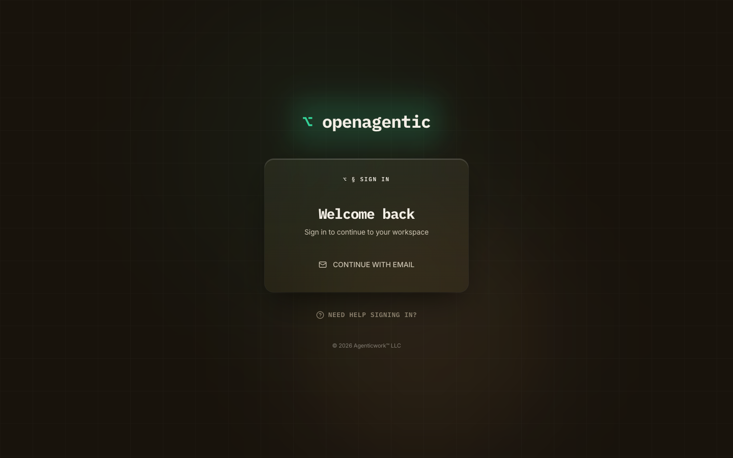 The OpenAgentic sign-in screen on the running deploy