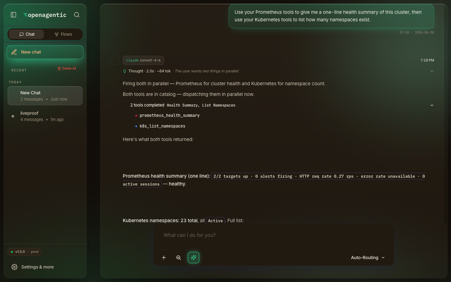 OpenAgentic chat dispatching the Prometheus and Kubernetes tools in parallel against the live cluster