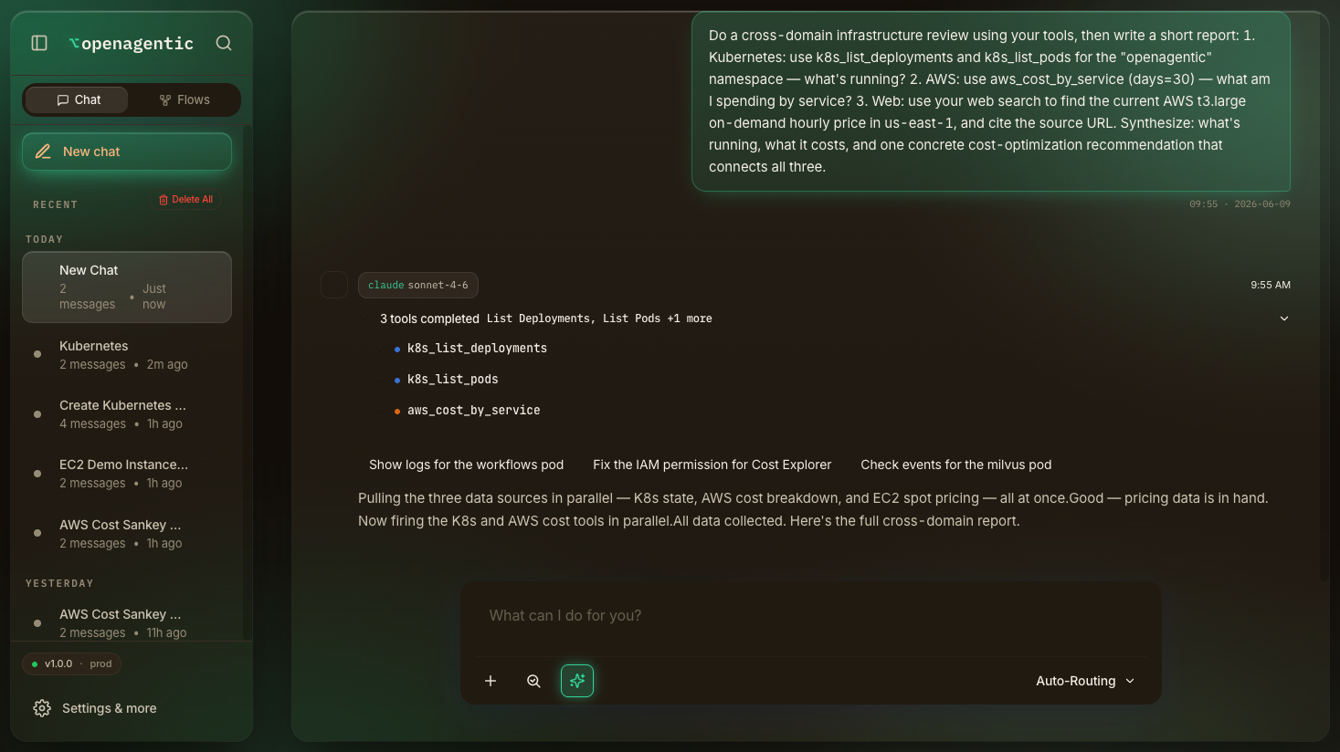 OpenAgentics agent running three tools in parallel for a cross-domain review