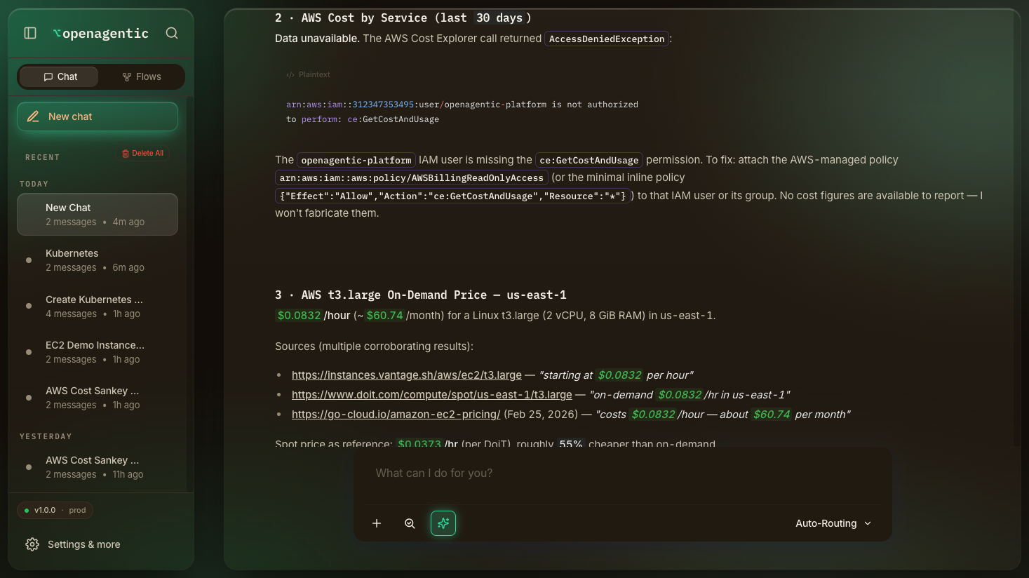 The agent's synthesized report: real AWS spend by service and live pricing with cited web sources