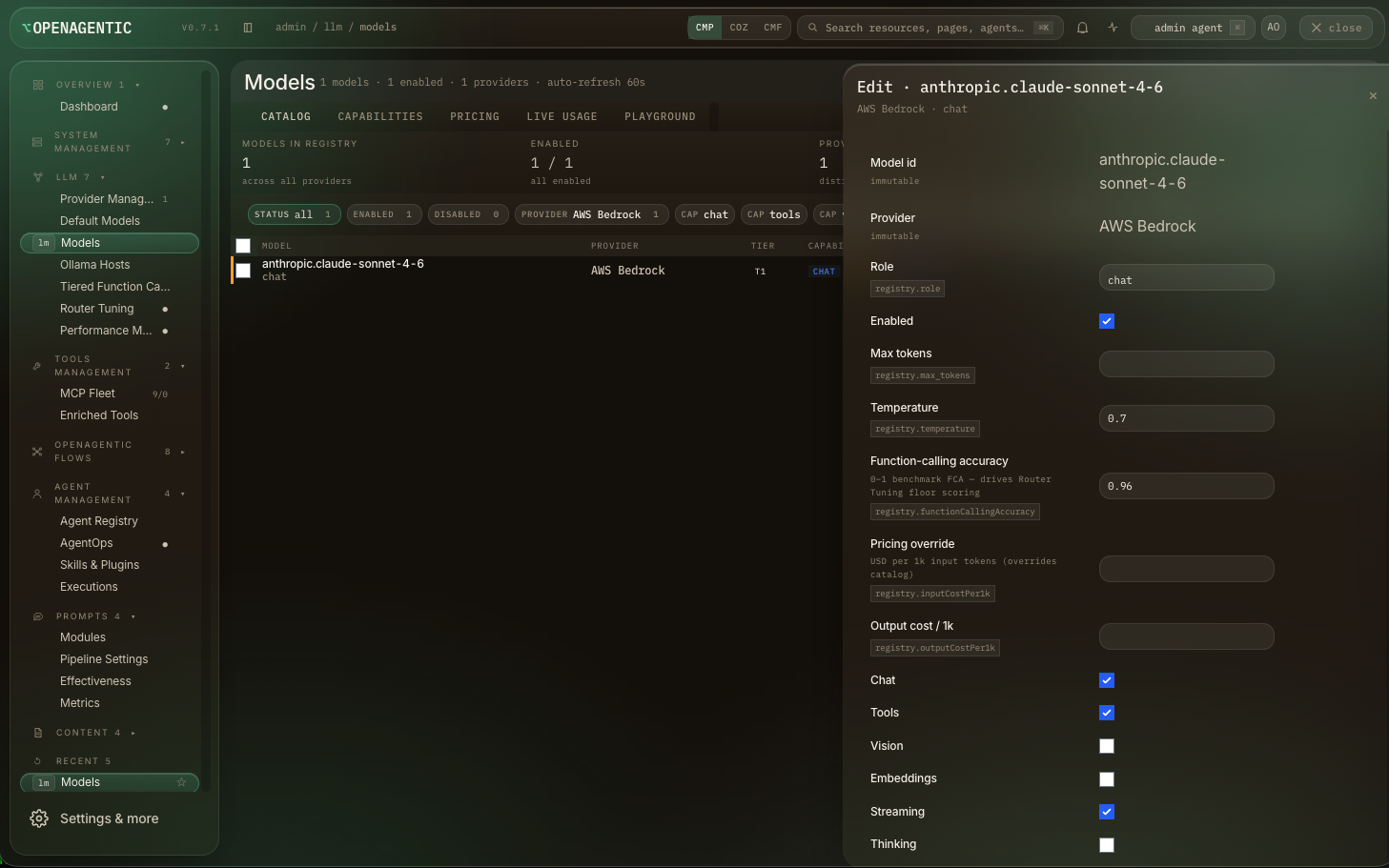 The admin console Models manager editing a Claude Sonnet 4.6 model on AWS Bedrock with capability toggles