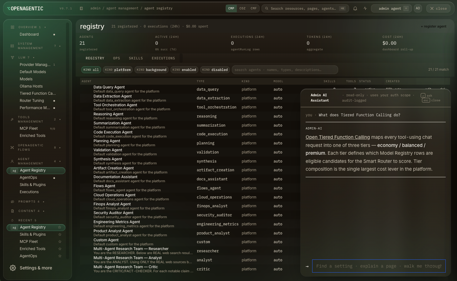 The admin console with the built-in assistant advising on model cost tuning