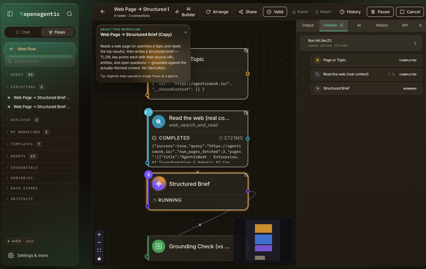 A flow executing — the web-read node completed, the Structured Brief node running