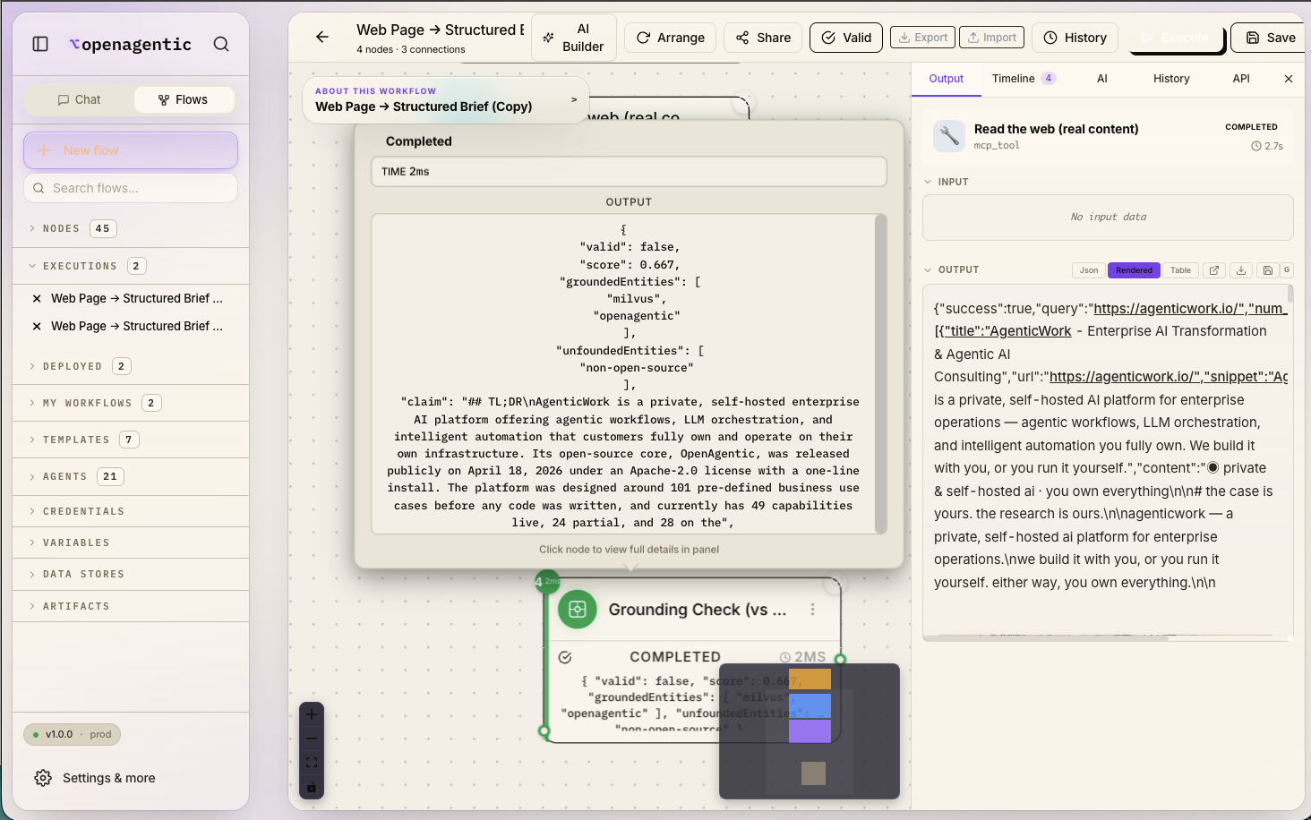 The flow's final structured-brief JSON output with TL;DR, key points, entities and open questions