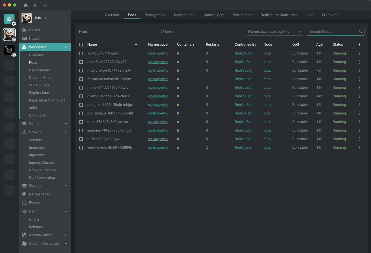The Kubernetes Lens dashboard showing every OpenAgentic pod Running in the openagentic namespace on the live cluster
